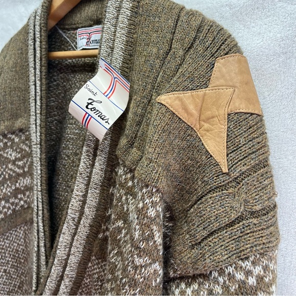 NOS Vintage 80’s Saint Tomas Leather Trimmed Patchwork Geometric Men Cardigan L - Picture 5 of 10